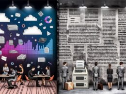 Kontrastreiche Szene zwischen modernem Startup mit digitalen Innovationen und traditionellem Behördenbüro mit Papierbergen und Faxgerät, geteilt von einer Betonwand aus Bürokratie-Dokumenten.