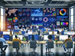 Junge Marketer:innen in einem modernen Großraumbüro analysieren bunte, dynamische Dashboards mit Echtzeit-Daten aus verschiedenen digitalen Marketing-Kanälen.