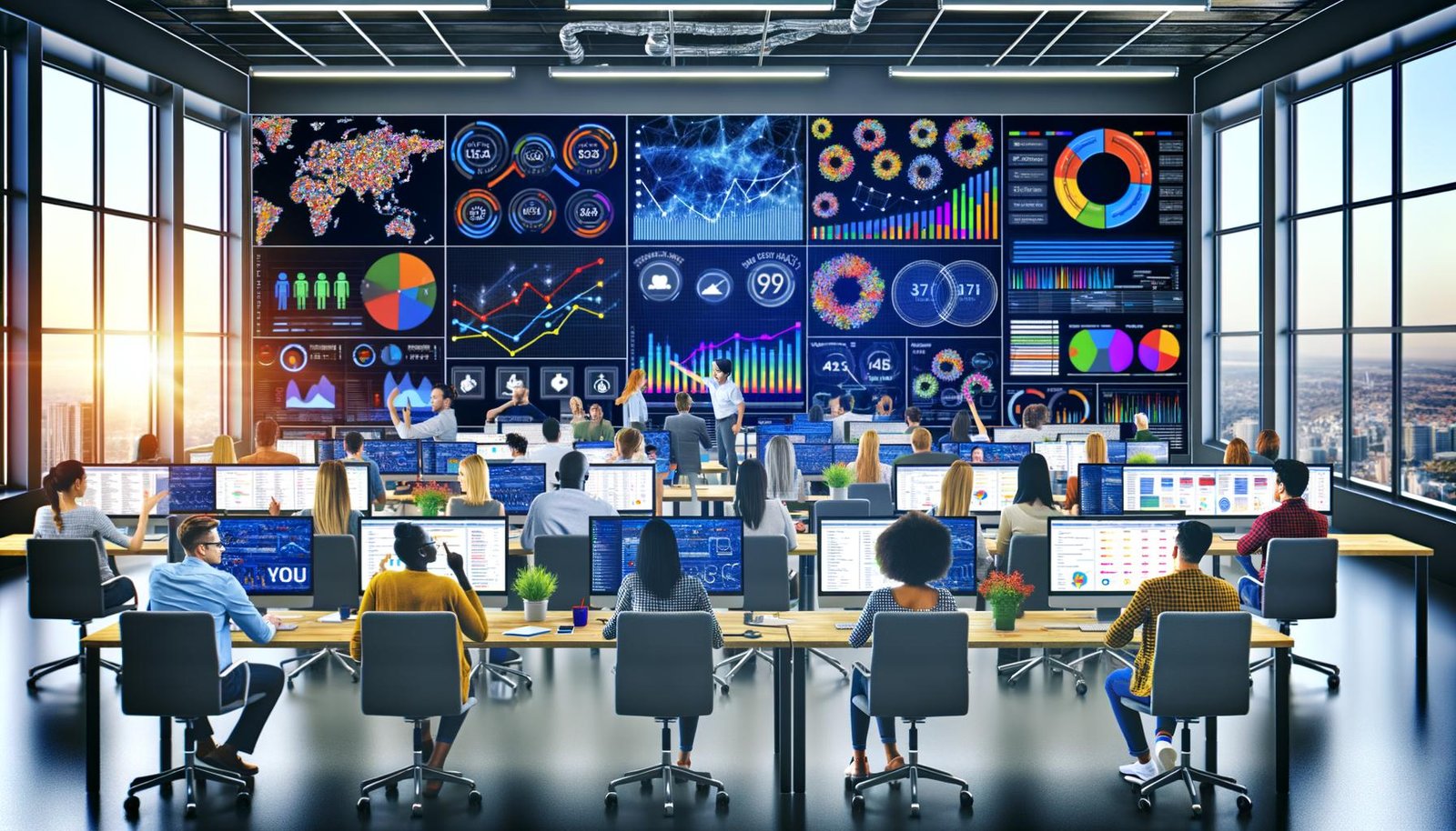 Junge Marketer:innen in einem modernen Großraumbüro analysieren bunte, dynamische Dashboards mit Echtzeit-Daten aus verschiedenen digitalen Marketing-Kanälen.