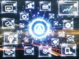 Futuristische Illustration eines transparenten, schwebenden Daten- und Workflow-Netzwerks mit dem leuchtenden Canva-Logo im Zentrum, verbunden mit digitalen Marktplätzen, Dashboards und Symbolen für Design, API, Automatisierung und Monetarisierung in einer offenen Stadtlandschaft.