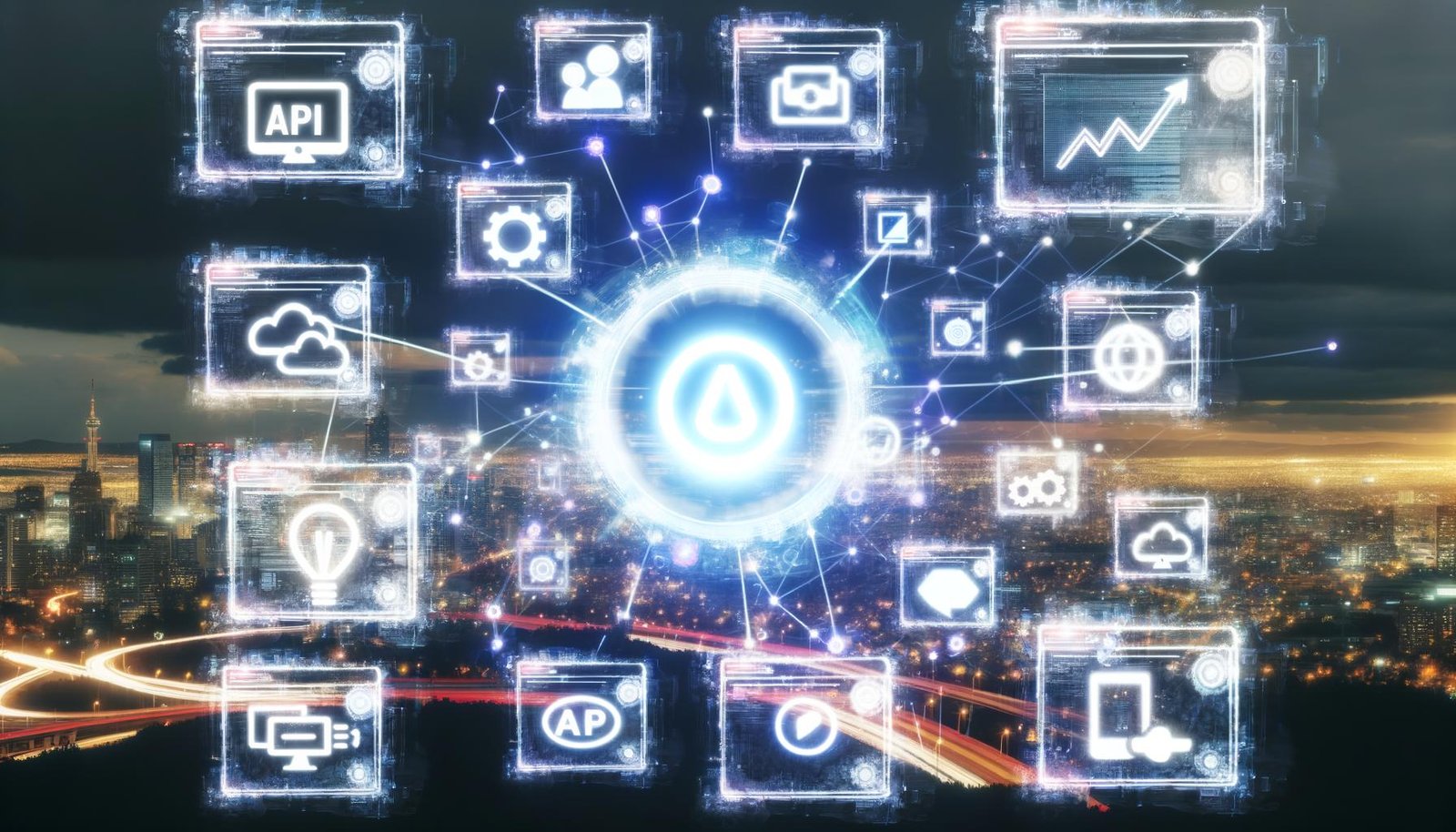 Futuristische Illustration eines transparenten, schwebenden Daten- und Workflow-Netzwerks mit dem leuchtenden Canva-Logo im Zentrum, verbunden mit digitalen Marktplätzen, Dashboards und Symbolen für Design, API, Automatisierung und Monetarisierung in einer offenen Stadtlandschaft.