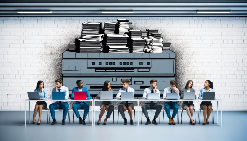 Junges Gründungsteam sitzt in einem modernen Büro, umgeben von Papierstapeln, Akten und alten Faxgeräten, während ein grauer Bürokratieschatten mit Gesetzesbüchern und Formularen auf sie fällt.