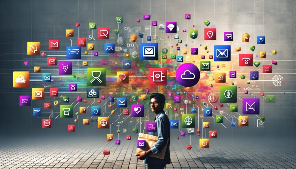 Junger Unternehmer vor digitalem Dashboard voller Canva-Logos, bunter Templates, Marktplatz- und Monetarisierungs-Icons; umgeben von Design- und Cloud-Elementen, API-Logos, Avataren und verbundenen App-Symbolen.