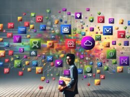 Junger Unternehmer vor digitalem Dashboard voller Canva-Logos, bunter Templates, Marktplatz- und Monetarisierungs-Icons; umgeben von Design- und Cloud-Elementen, API-Logos, Avataren und verbundenen App-Symbolen.