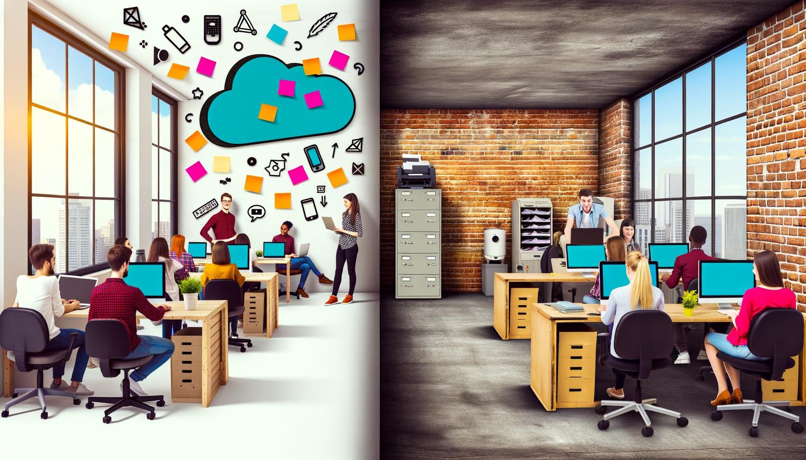 Gegensätzliches Büro-Split-Image: Links modernes Startup mit Technik und Post-its, rechts klassisches Verwaltungsbüro mit Holzvertäfelung, Aktenordnern und Faxgerät, in der Mitte treffen sich Startup-Mitarbeiter und Verwaltungsangestellte.