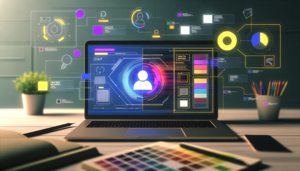 Geöffneter Laptop auf modernem Designer-Schreibtisch mit Canva-Oberfläche und hervorgehobener digitaler Creator ID-Karte, umgeben von Templates, Brand-Logos, Farbpaletten und Analysediagrammen im Hintergrund.