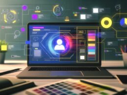 Geöffneter Laptop auf modernem Designer-Schreibtisch mit Canva-Oberfläche und hervorgehobener digitaler Creator ID-Karte, umgeben von Templates, Brand-Logos, Farbpaletten und Analysediagrammen im Hintergrund.