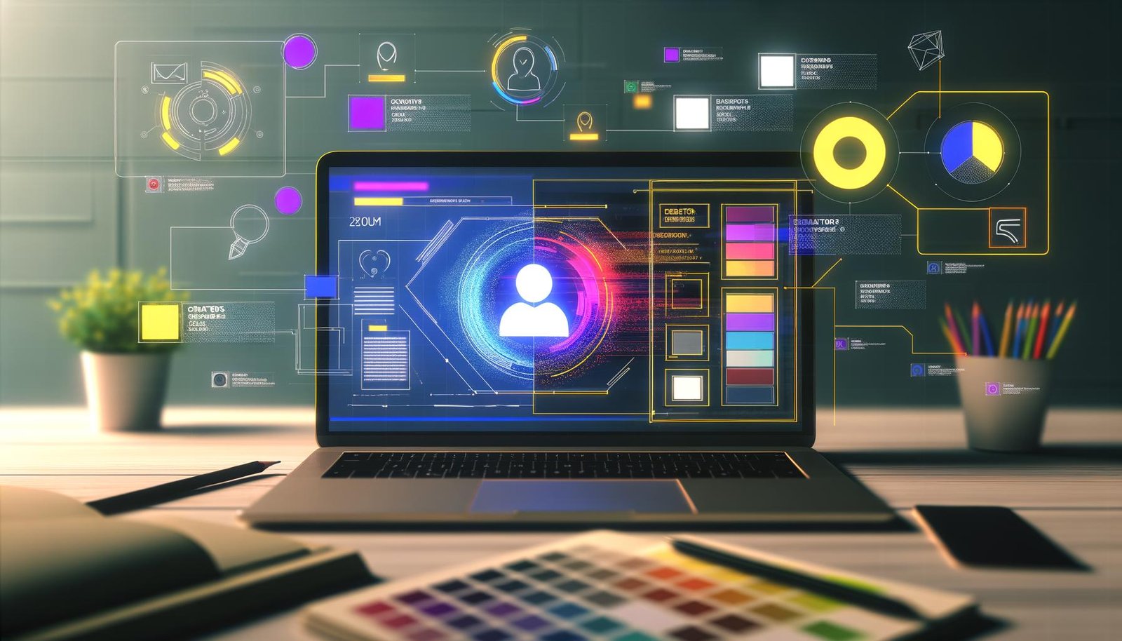 Geöffneter Laptop auf modernem Designer-Schreibtisch mit Canva-Oberfläche und hervorgehobener digitaler Creator ID-Karte, umgeben von Templates, Brand-Logos, Farbpaletten und Analysediagrammen im Hintergrund.