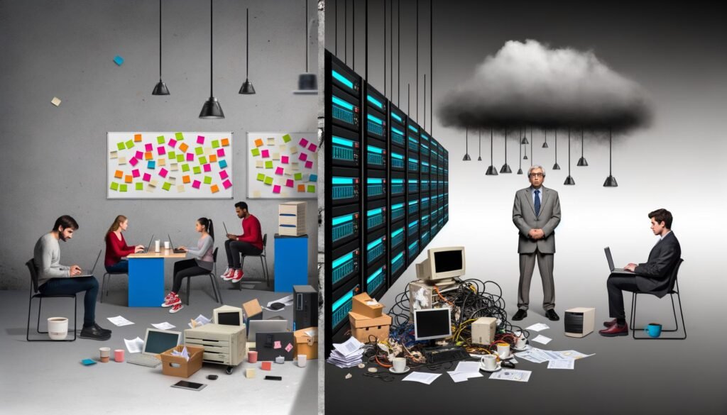 Geteiltes Bild eines bunten Startups mit jungen Menschen und einer traditionellen Verwaltung mit Aktenstapel, digitalen Störungen und einer grauen Barriere.