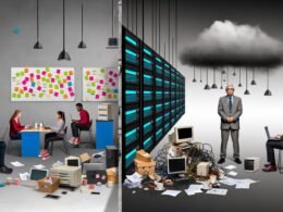 Geteiltes Bild eines bunten Startups mit jungen Menschen und einer traditionellen Verwaltung mit Aktenstapel, digitalen Störungen und einer grauen Barriere.