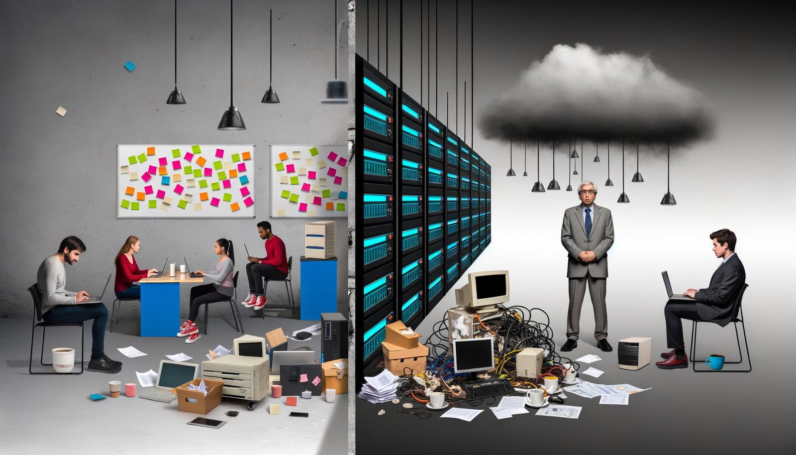 Geteiltes Bild eines bunten Startups mit jungen Menschen und einer traditionellen Verwaltung mit Aktenstapel, digitalen Störungen und einer grauen Barriere.