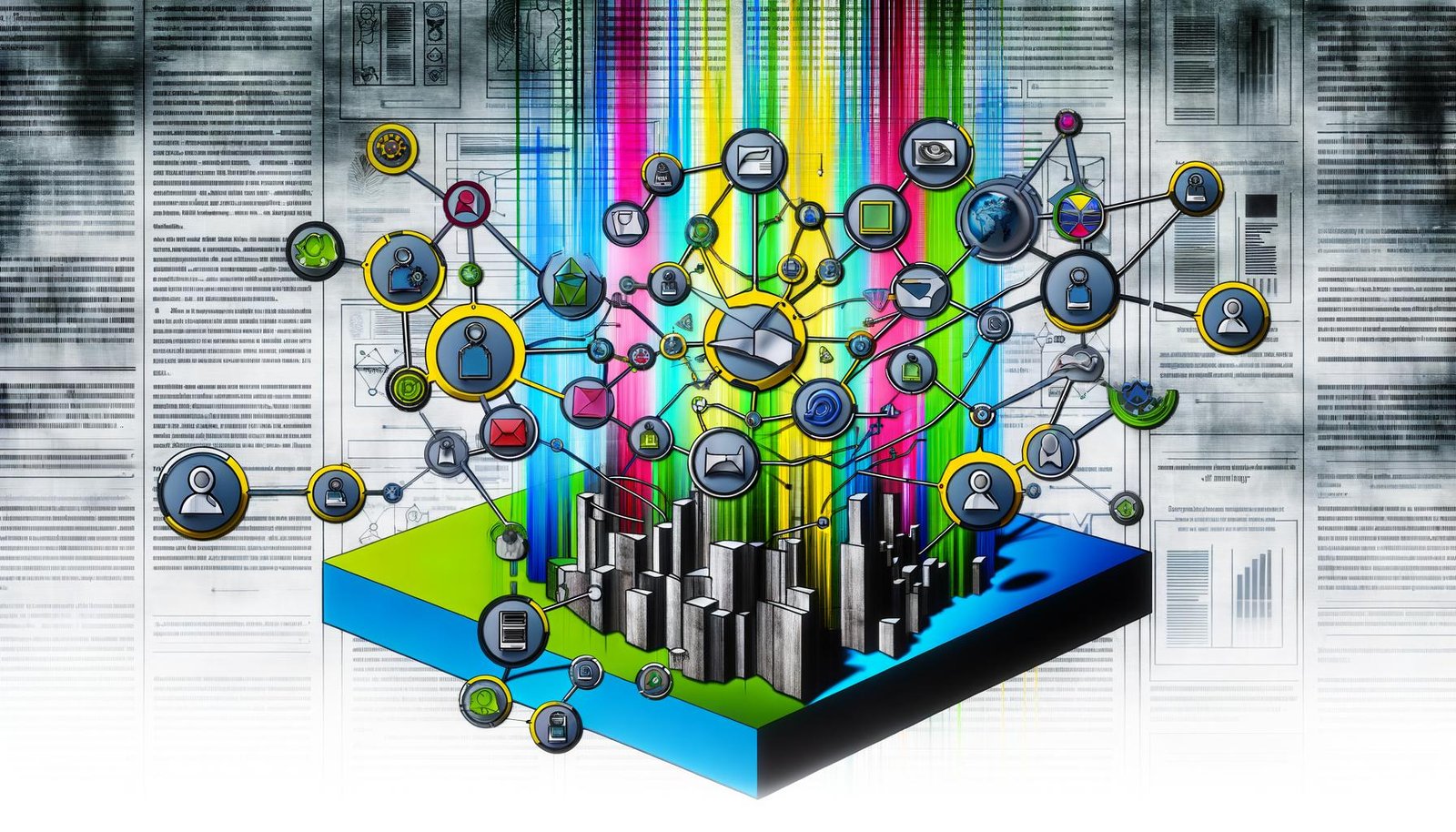 Futuristische Illustration eines semantischen CMS: Leuchtender Wissensgraph mit Content-Knoten und dynamischen Datenströmen, umgeben von AI- und Suchmaschinen-Symbolen; verblassende, graue klassische CMS-Strukturen im Hintergrund.