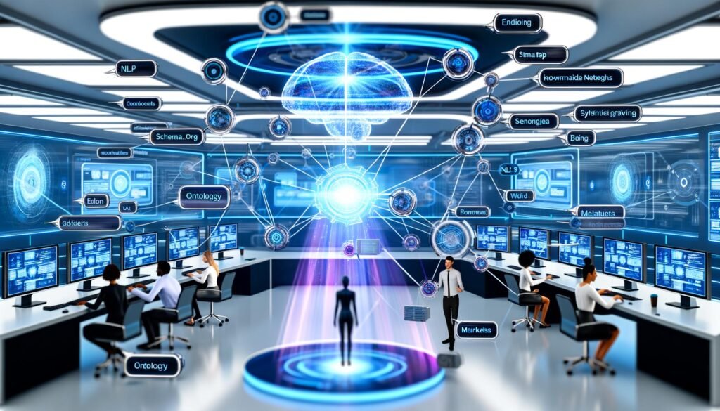 Futuristischer Büroraum mit leuchtendem digitalem Gehirn, Datenströmen, Knowledge-Graph-Knoten und einem Team, das interaktive Dashboards zu Ontologien, NLP, Schema.org und automatischem Tagging bedient.