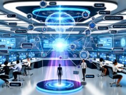 Futuristischer Büroraum mit leuchtendem digitalem Gehirn, Datenströmen, Knowledge-Graph-Knoten und einem Team, das interaktive Dashboards zu Ontologien, NLP, Schema.org und automatischem Tagging bedient.