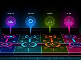 Dynamische Illustration einer digitalen Marketing-Roadmap mit Diagnose, Analyse, Strategie und Handlung, verbunden durch farbige Datenflüsse und Icons für verschiedene Marketingkanäle auf dunklem Hintergrund.