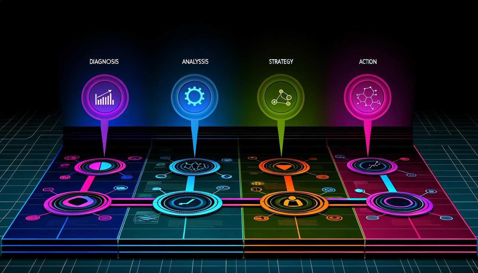 Dynamische Illustration einer digitalen Marketing-Roadmap mit Diagnose, Analyse, Strategie und Handlung, verbunden durch farbige Datenflüsse und Icons für verschiedene Marketingkanäle auf dunklem Hintergrund.