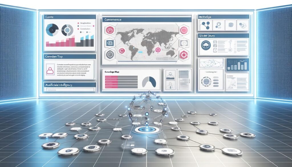 Futuristisches CMS Dashboard mit interaktiven Grafiken, verknüpften Datenpunkten, schwebenden Interface-Komponenten und KI-Icons auf hellen Bildschirmen.