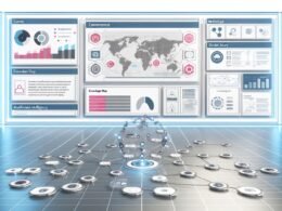 Futuristisches CMS Dashboard mit interaktiven Grafiken, verknüpften Datenpunkten, schwebenden Interface-Komponenten und KI-Icons auf hellen Bildschirmen.