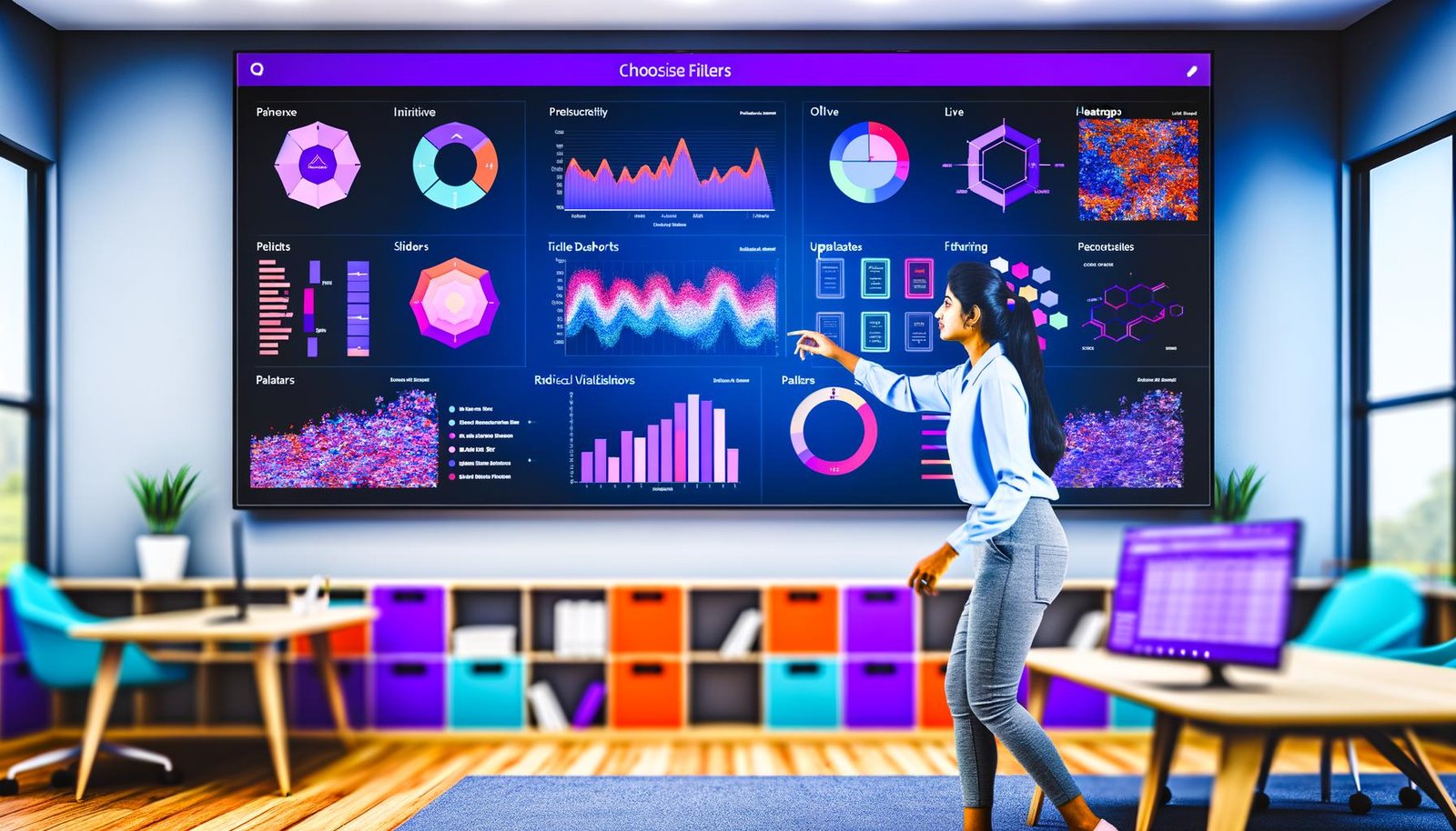 Junger Berufstätiger arbeitet an einem Computer mit einem leuchtenden, interaktiven Dash Dashboard, das aktuelle Datenvisualisierungen zeigt, während alte Excel-Grafen auf einer Tafel im Hintergrund sichtbar sind.