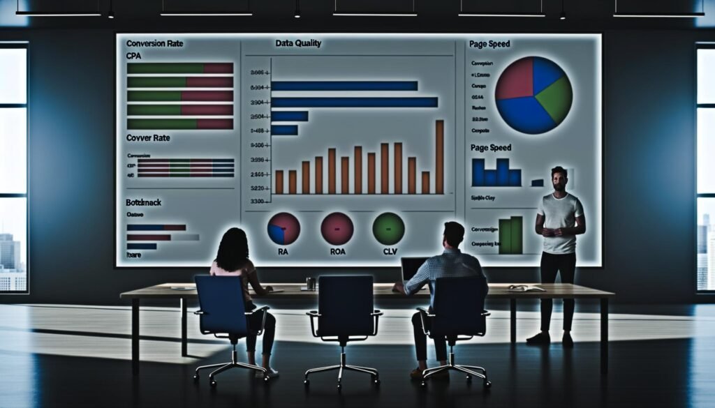 Modernes, aufgeräumtes Büro mit zwei Marketers vor großem Dashboard, das wenige, zentrale Marketing-KPIs wie Conversion Rate und ROAS anzeigt. Minimalistisches Design und Fokus auf datengetriebene Zusammenarbeit.