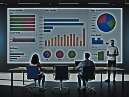 Modernes, aufgeräumtes Büro mit zwei Marketers vor großem Dashboard, das wenige, zentrale Marketing-KPIs wie Conversion Rate und ROAS anzeigt. Minimalistisches Design und Fokus auf datengetriebene Zusammenarbeit.