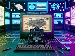 Eine futuristische Redaktionsumgebung mit modernem Computer, strukturierten Content-Modellen und einem alten, chaotischen WYSIWYG-Editor im Vordergrund. Umgeben von Neonfarben, High-Tech-Displays und digitalen Datenströmen.