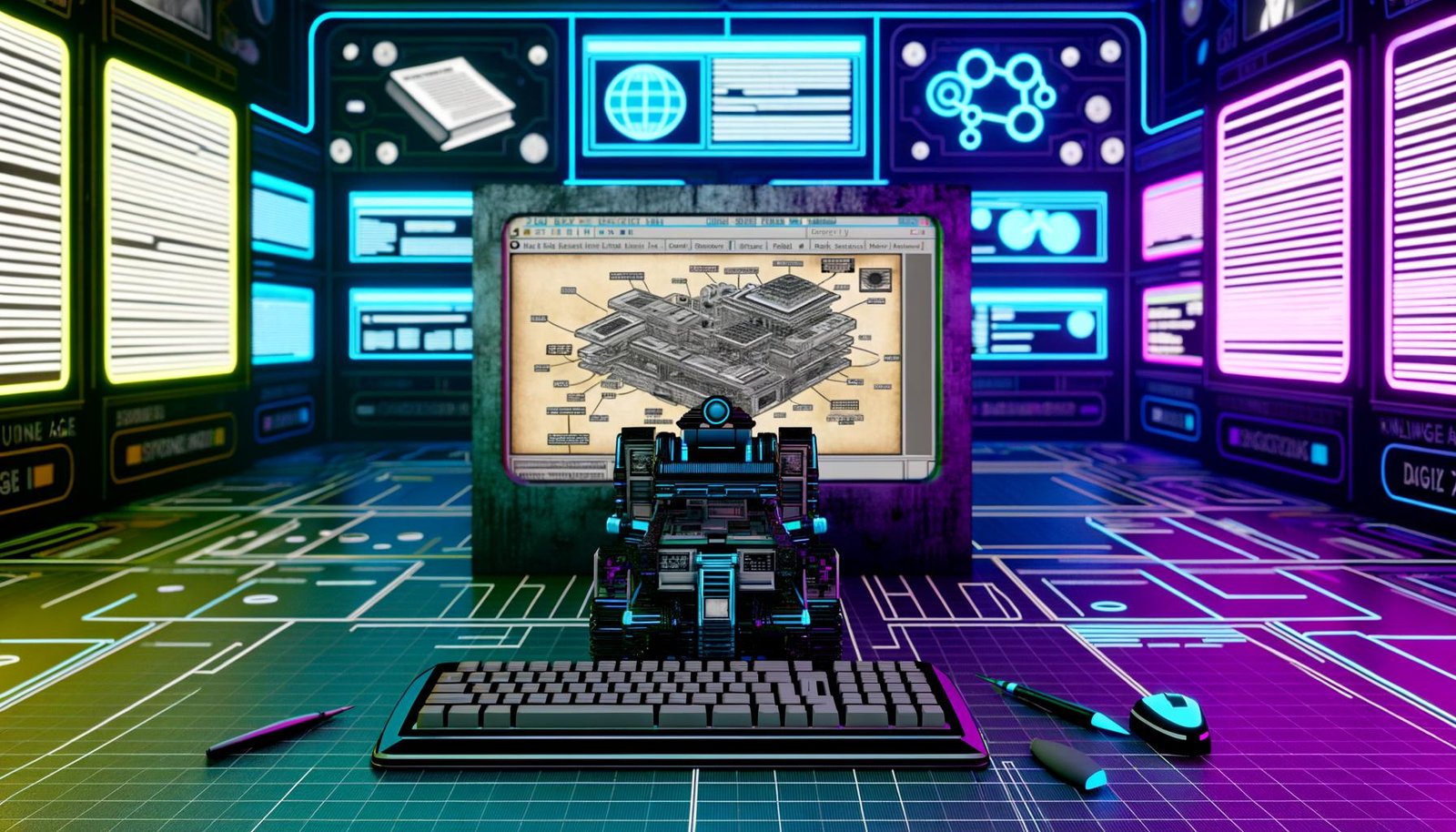 Eine futuristische Redaktionsumgebung mit modernem Computer, strukturierten Content-Modellen und einem alten, chaotischen WYSIWYG-Editor im Vordergrund. Umgeben von Neonfarben, High-Tech-Displays und digitalen Datenströmen.