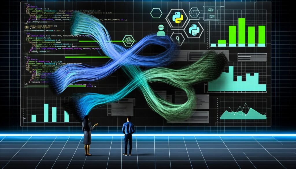 Modernes, abstraktes Titelbild mit verschlungenem Datenfluss, Dashboard, Python-Code-Fragmenten, Warnsymbolen und einem jungen Data-Team am Whiteboard.
