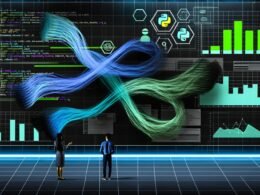 Modernes, abstraktes Titelbild mit verschlungenem Datenfluss, Dashboard, Python-Code-Fragmenten, Warnsymbolen und einem jungen Data-Team am Whiteboard.