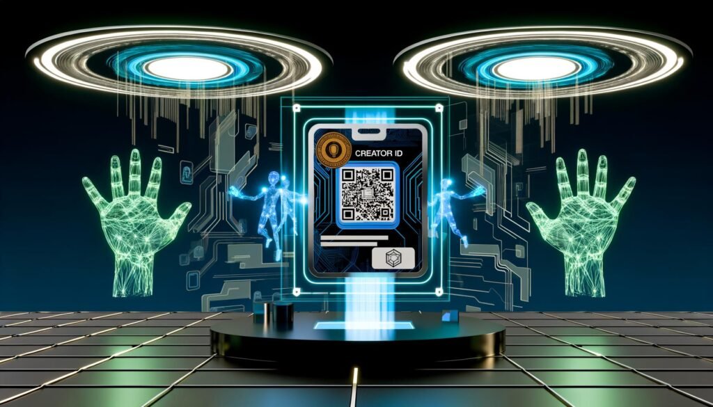 Futuristischer digitaler Arbeitsplatz mit transparenter Identitätskarte, Netzwerk-Avataren, leuchtenden Cyan-Linien und goldenem Ownership-Token, umgeben von technischen Datenströmen.