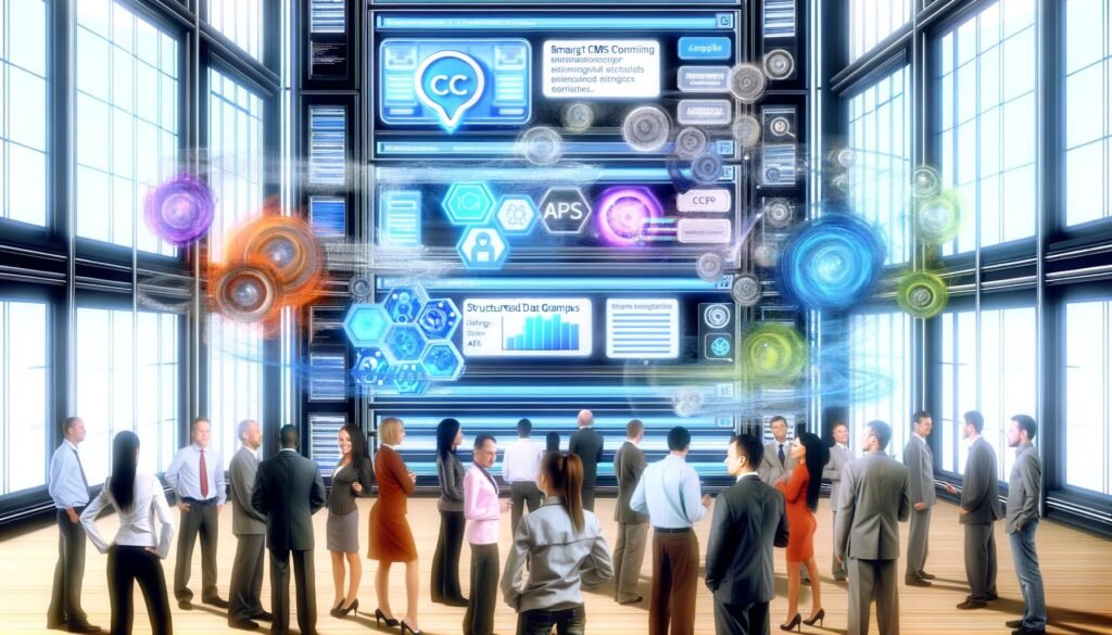 Futuristisches Büro mit diversen Teams, die an intelligenten digitalen Bildschirmen zusammenarbeiten und klassische CMS-Icons wie WordPress und Joomla im Hintergrund als Museumsexponate zeigen.