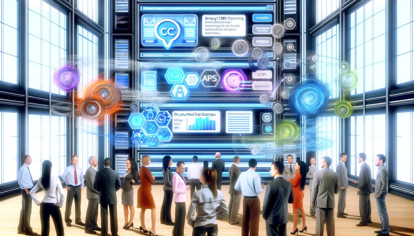 Futuristisches Büro mit diversen Teams, die an intelligenten digitalen Bildschirmen zusammenarbeiten und klassische CMS-Icons wie WordPress und Joomla im Hintergrund als Museumsexponate zeigen.