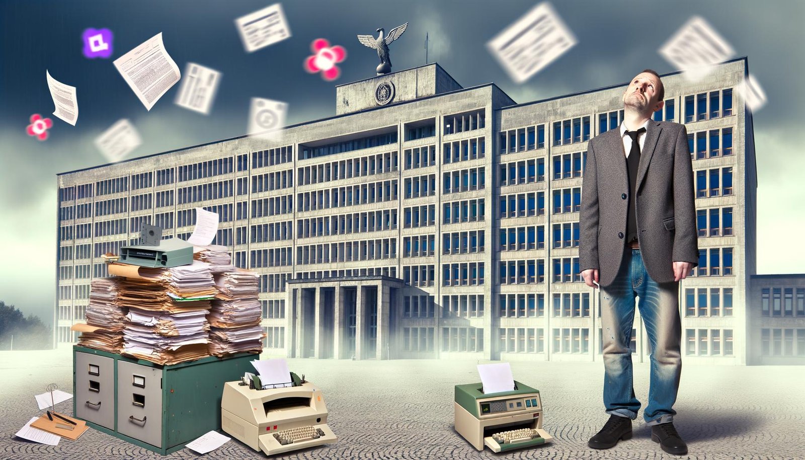 Frustrierter Startup-Gründer mit Papierstapel vor deutschem Behördengebäude, im Hintergrund veraltete Technik und riesiger Aktenordner. Moderne Techniksymbole sind hinter Gittern sichtbar.