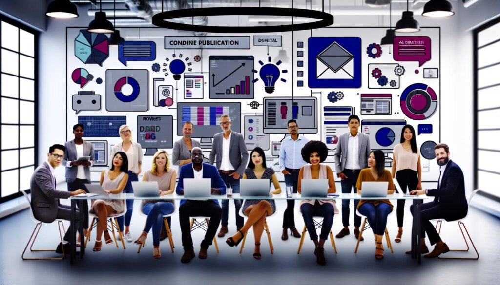 Team aus verschiedenen Marketingspezialisten arbeitet konzentriert an Laptops vor großen Screens mit Canva-Dashboards, während Markenassets und Workflow-Visualisierungen über dem modernen Büro schweben.