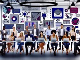 Team aus verschiedenen Marketingspezialisten arbeitet konzentriert an Laptops vor großen Screens mit Canva-Dashboards, während Markenassets und Workflow-Visualisierungen über dem modernen Büro schweben.