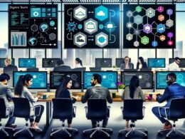 Cross-funktionales Team in moderner Büroumgebung mit Laptops, großen Dashboards, Cloud-Symbolen und Microservices.