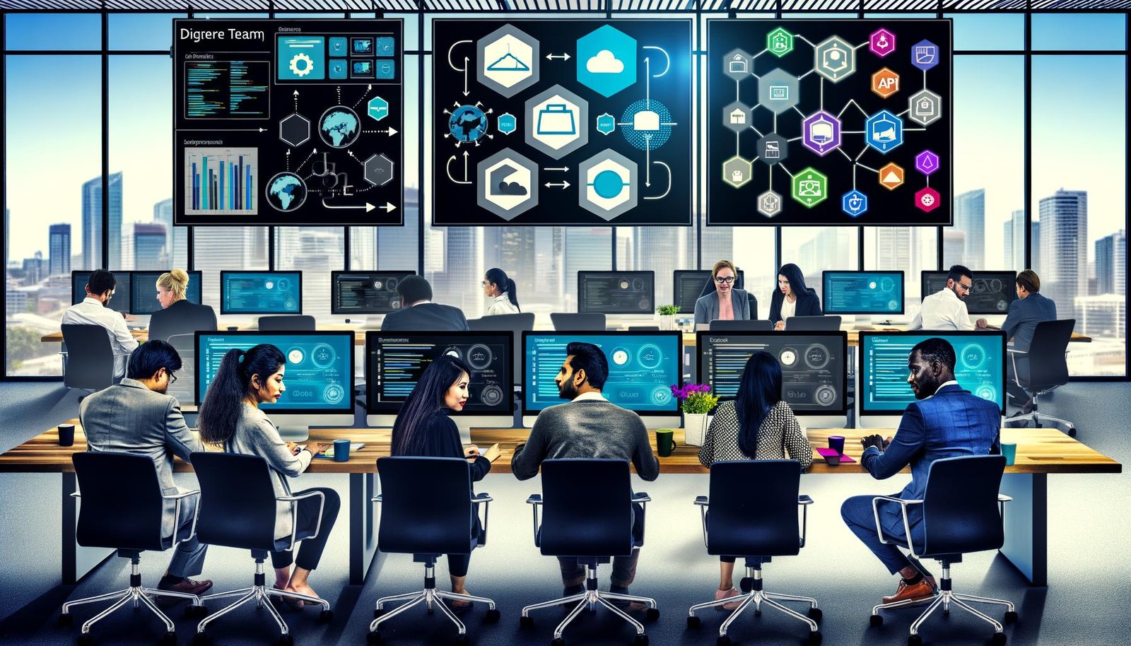 Cross-funktionales Team in moderner Büroumgebung mit Laptops, großen Dashboards, Cloud-Symbolen und Microservices.