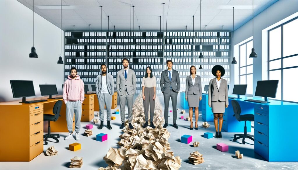 Zwei gegensätzliche Gruppen in einem Büro: Startup-Gründer:innen mit Laptops und bunten Notizzetteln auf der einen Seite, Verwaltungsangestellte mit Papierstapeln und Stempelkissen auf der anderen, getrennt durch eine Mauer aus Akten.