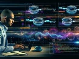 Moderner Datenexperte in dunklem Büro mit Laptop und schwebenden, holografischen Dashboards, die Dash Query-Statements, bunte Charts und komplexe Pipelines aus verschiedenen Datenquellen zeigen.