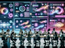 Modernes, diverses Content-Team im futuristischen Büro arbeitet mit Canva-Dashboards, KI-Funktionen und digitalen Workflows an Tablets und Laptops.