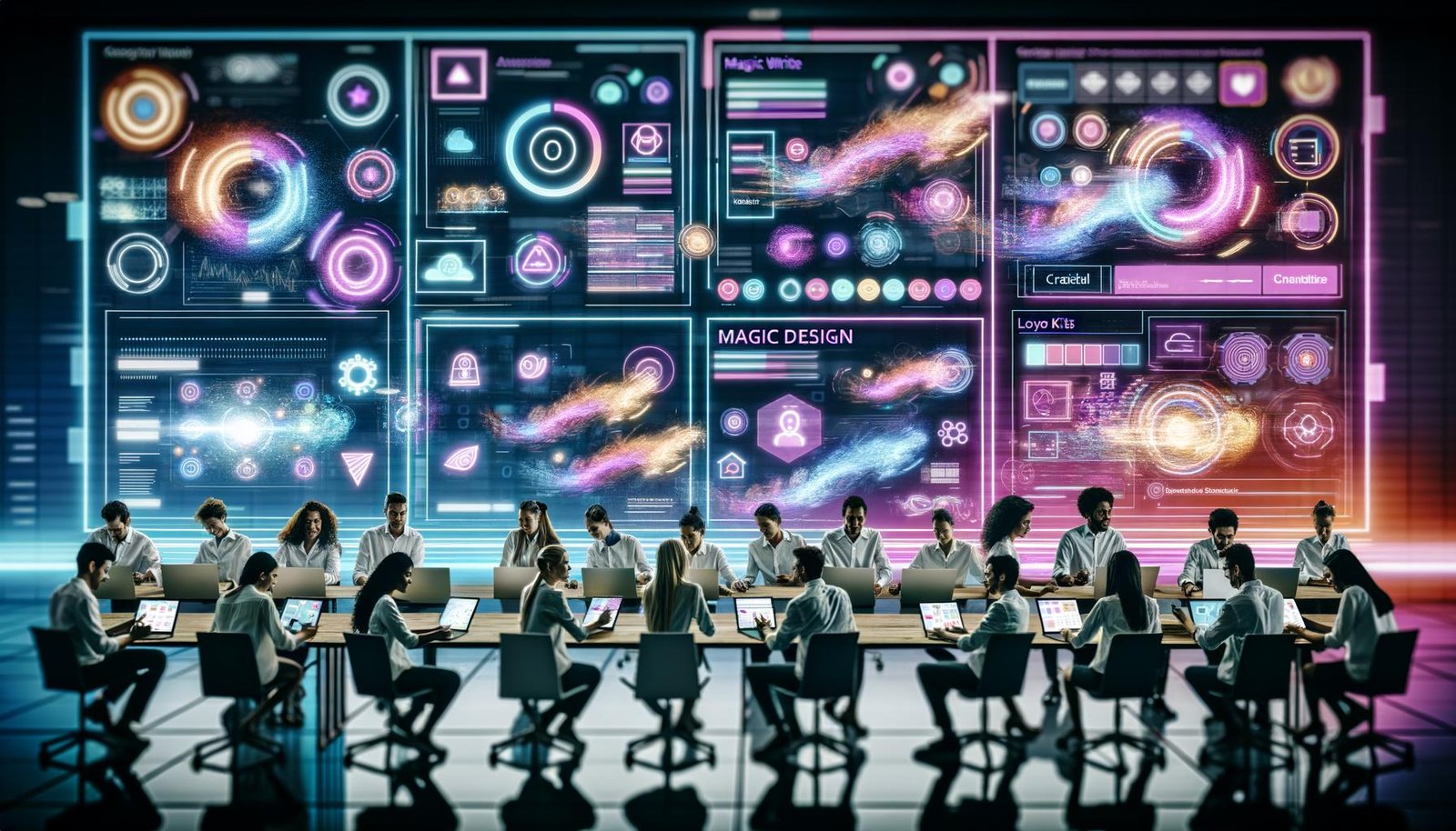 Modernes, diverses Content-Team im futuristischen Büro arbeitet mit Canva-Dashboards, KI-Funktionen und digitalen Workflows an Tablets und Laptops.
