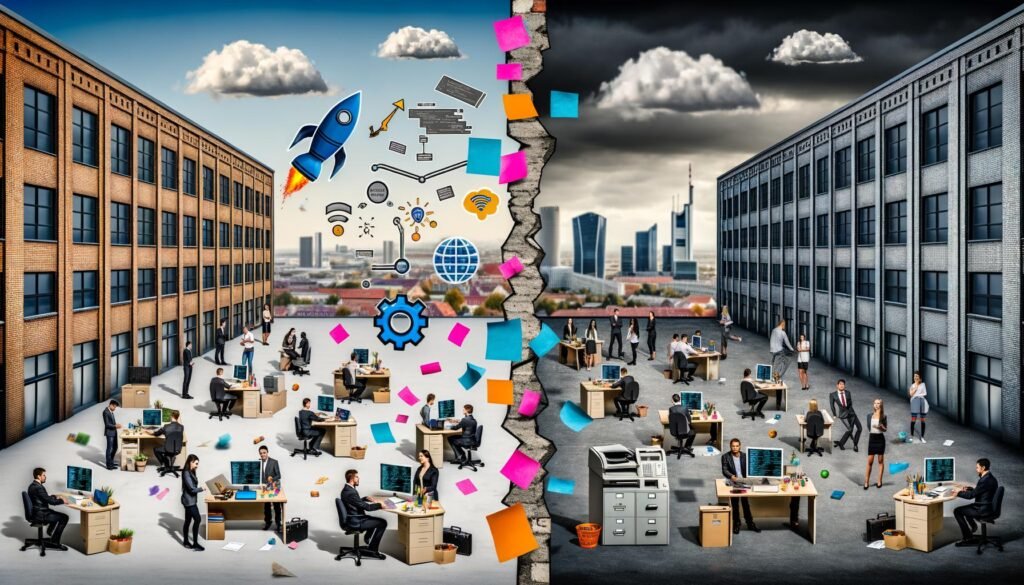 Dynamische Startups mit Laptops und Robotern stehen einer veralteten, bürokratischen Bürowelt mit Aktenbergen und gestressten Mitarbeitern gegenüber, getrennt durch eine digitale Mauer.