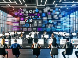 Futuristisches Großraumbüro mit digitalem Team, das parallel an Tablets, Laptops und einem großen Bildschirm mit Canva-Interface arbeitet; sichtbare KI-Designvorschläge, Templates und automatisierte Datenflüsse.