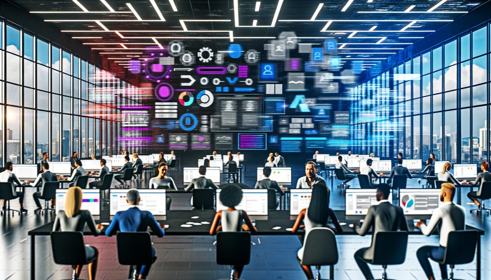 Futuristisches Großraumbüro mit digitalem Team, das parallel an Tablets, Laptops und einem großen Bildschirm mit Canva-Interface arbeitet; sichtbare KI-Designvorschläge, Templates und automatisierte Datenflüsse.