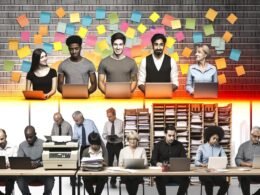 Junges Startup-Team mit Laptops und bunten Post-Its gegenüber älteren Sachbearbeitern mit Papierstapeln und Faxgerät; Kontrast zwischen Innovation und Bürokratie.