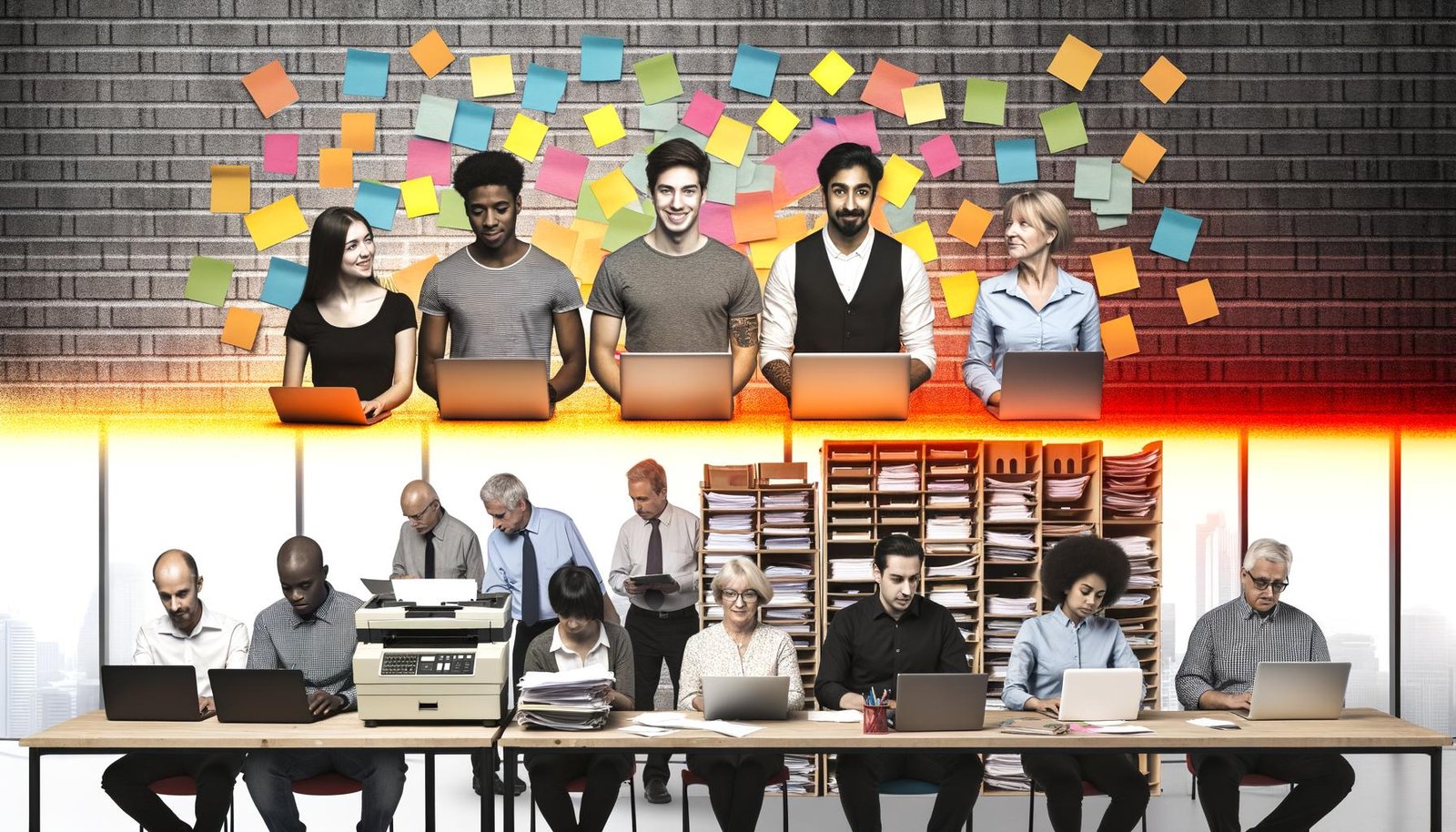 Junges Startup-Team mit Laptops und bunten Post-Its gegenüber älteren Sachbearbeitern mit Papierstapeln und Faxgerät; Kontrast zwischen Innovation und Bürokratie.