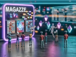 Futuristischer virtueller Magazin-Kiosk im Metaverse mit diversen Avataren, interaktiven 3D-Magazinseiten, Chatblasen, NFT-Symbolen und technologischen Hologrammen.