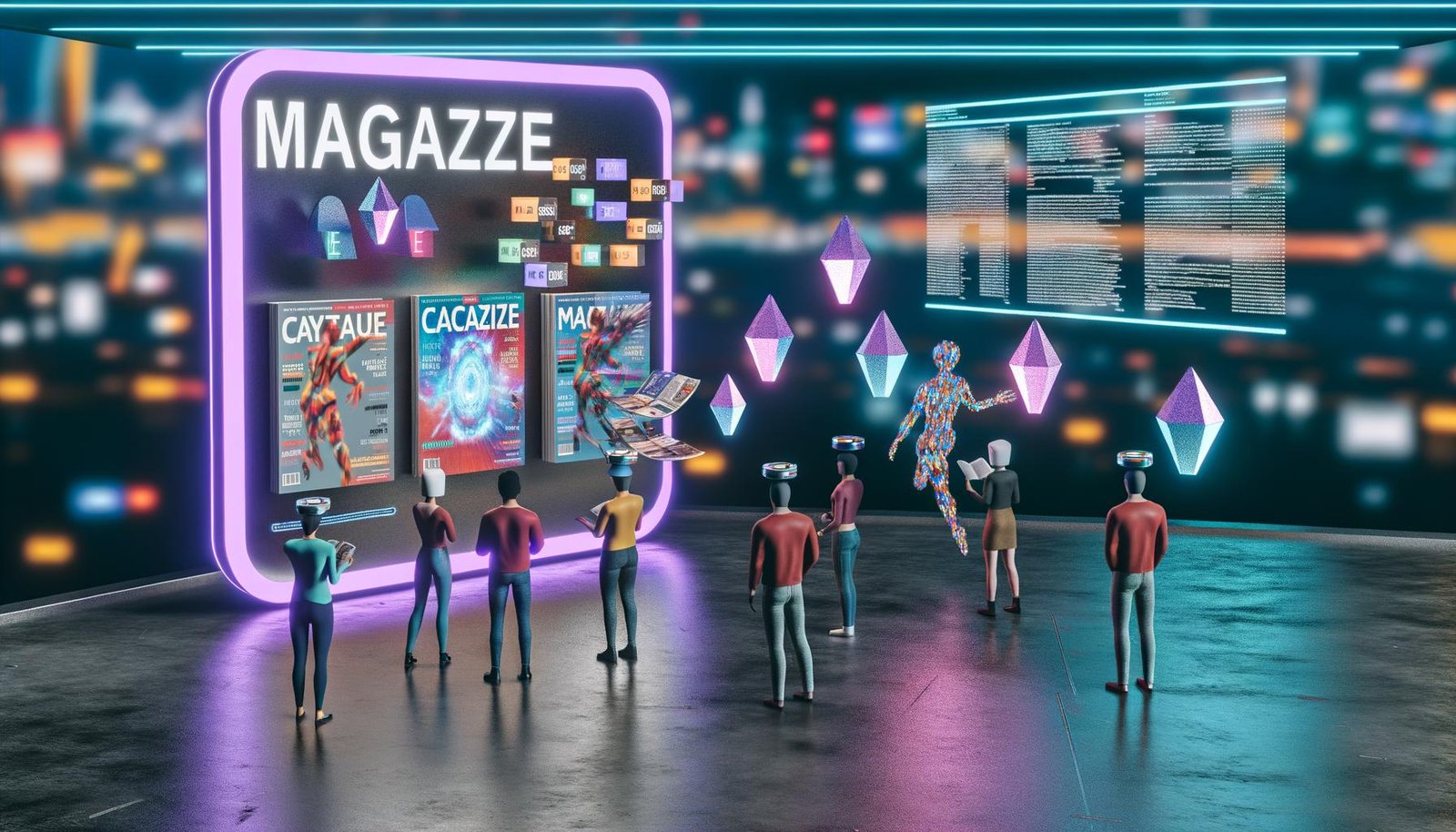 Futuristischer virtueller Magazin-Kiosk im Metaverse mit diversen Avataren, interaktiven 3D-Magazinseiten, Chatblasen, NFT-Symbolen und technologischen Hologrammen.