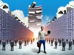 Moderner Startup-Gründer vor massiver Verwaltungsmauer mit Formularen, dahinter Beamte mit Aktenbergen, Kontrast zwischen bunter Startup-Welt und grauer Bürokratie.