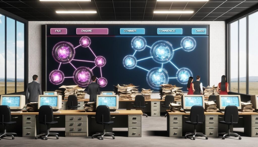 Szenario eines futuristischen Büros: Alte Computer und Faxgeräte auf kaputten Schreibtischen, daneben eine moderne Benutzeroberfläche in einer Glasvitrine mit leuchtenden Netzwerken, während Menschen veraltete Geräte auf einen digitalen Schrottplatz werfen.